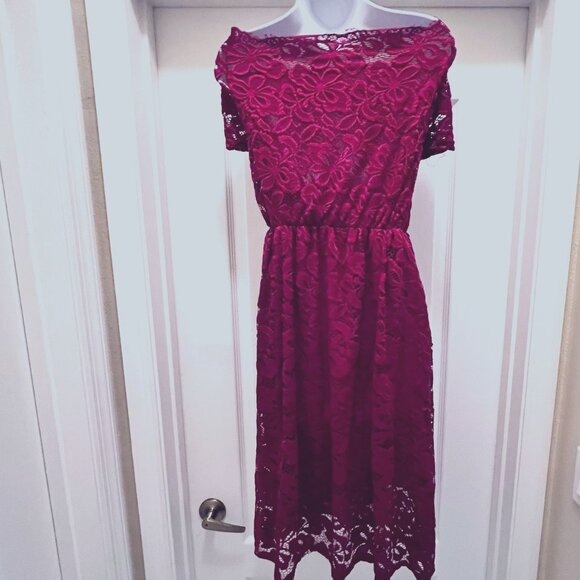 Lace Red/Maroon Off Shoulder Mini Dress-Size Large-Lined-Lightweight-Casual-NWOT - Picture 12 of 16